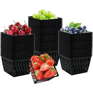 50 Pcs Black Plastic Berry Baskets, 4 Inch Fruit Berry Boxes with Open Weave Vented Pattern, Molded Produce Containers for Strawberry Blueberry Raspberry, Party, Grocery Stores, Kitchen Supplies
