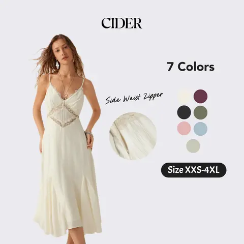 Cider Boho Lace Panel Midi Dress for Beach Vacation, Elegant A-Line Cami Dresses, Ladies Casual Sundress, Spring Birthday Outfits, Lady Gown