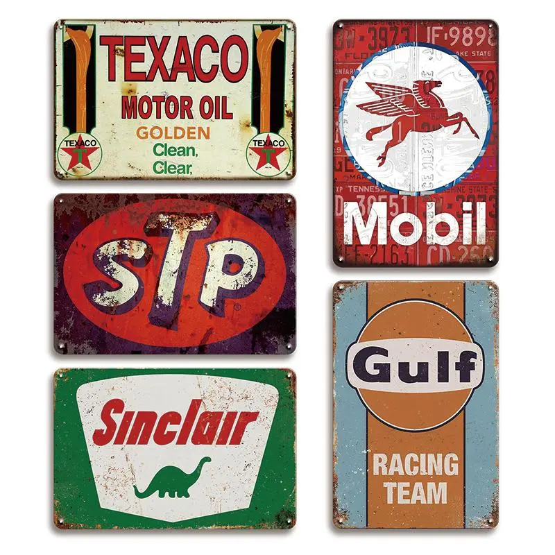 Vintage Gas & Oil Station Metal Tin Sign, 5 Counts/set Vintage Motor Oil Poster Plaque, Man Cave Car Sign, Perfect for Farm Decor, Home Bar Decor, Wall Metal Plaque, Vintage Plaque Decoration