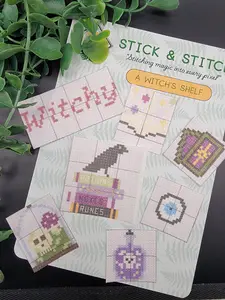 Counted Cross-Stitch Stick and Stitch Pack, Witch's Shelf DIY Needlework Craft Pack for Hobby Enthusiasts