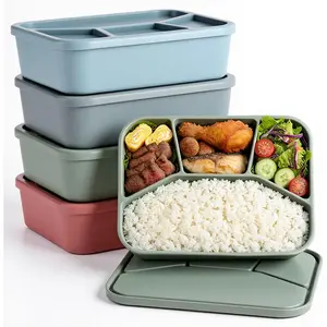 4 Pcs Silicone Bento Box Reusable Lunch Container, 4 Compartment, Food Grade Smooth Leak Proof Lunch Box Rectangle Bento Boxes, Microwave and Dishwasher Safe, for Adult Work Travel Food Storage