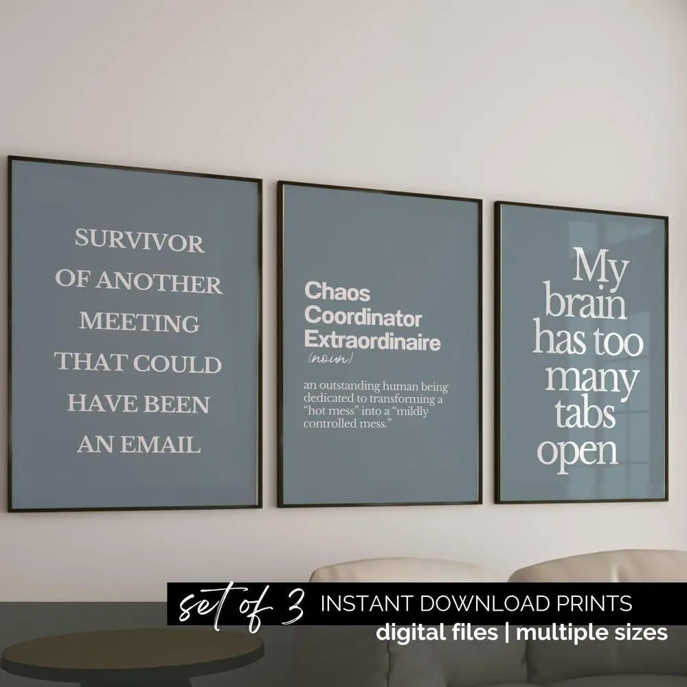 Office Humor Poster Set of 3 Gray Blue Prints for HR Office Decor Sarcastic Quote Workplace Posters Funny Desk Accessories Fun Office Signs