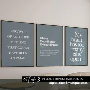 Office Humor Poster Set of 3 Gray Blue Prints for HR Office Decor Sarcastic Quote Workplace Posters Funny Desk Accessories Fun Office Signs