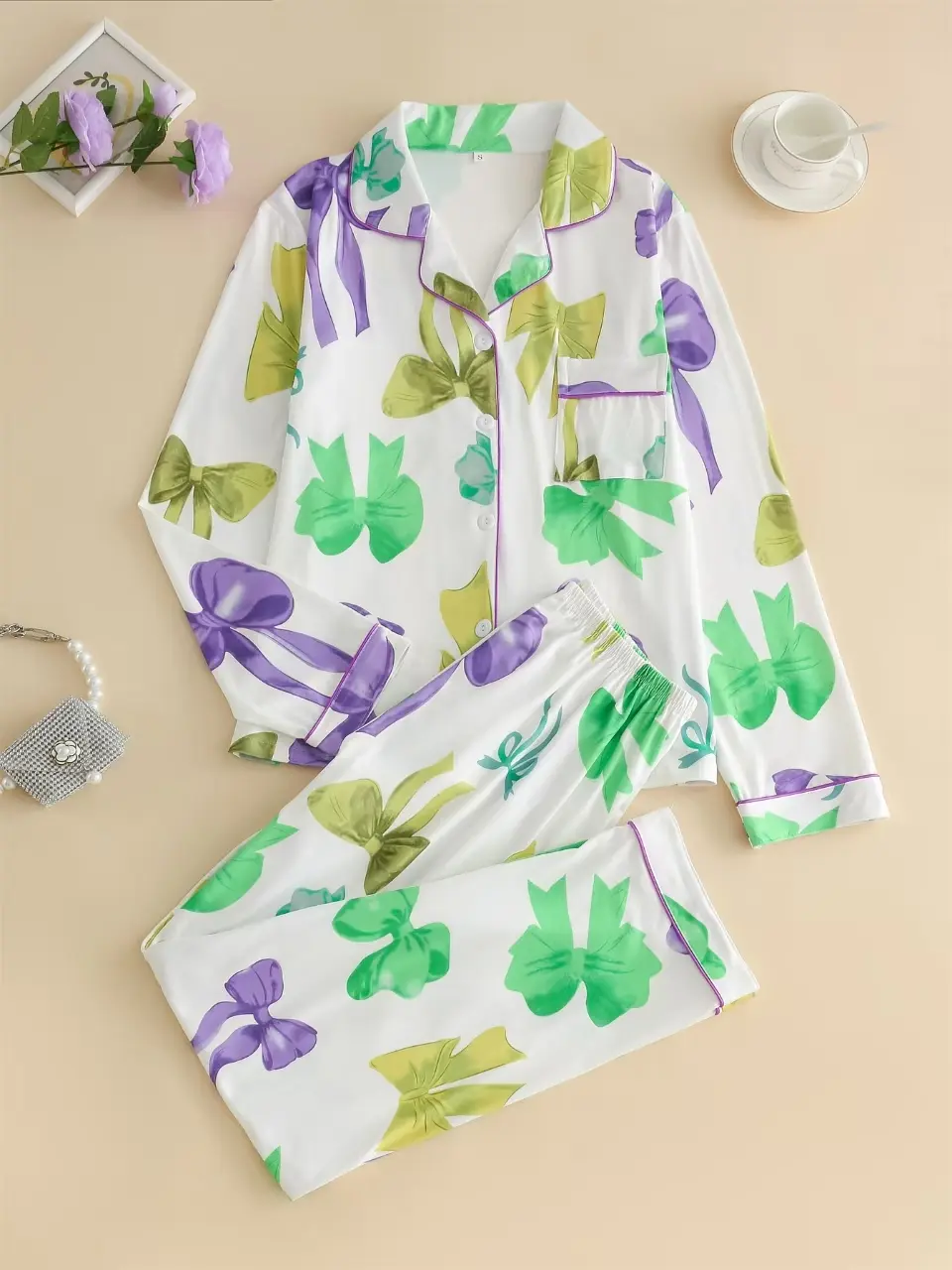 Women's two-piece bow-patterned long-sleeved pajama set - Women's clothing, button-up top, matching pants, comfortable home wear for all seasons, pajamas, loungewear