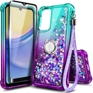 Designed for Galaxy A15 Case,  A15 4G/A15 5G Phone Case, Glitter Floating Liquid Waterfall Cute Case with Tempered Glass Screen Protector, Ring Holder/Wrist Strap (Aqua/Purple)