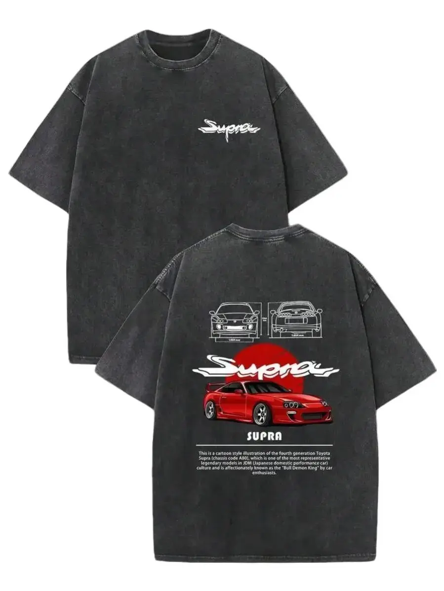 JDM Car Graphic T Shirt Toyota Supra 4th Gen Vintage Washed Black Heavyweight Oversized Tee Y2K Japanese Car Culture Retro Racing Streetwear Shirt Back Print Unisex Casual Summer Top Auto Enthusiast Gift