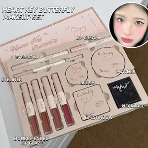 Heart shaped butterfly cosmetics set Lip color eyeliner pen powder blusher eye shadow powder makeup set Daily use holiday gift