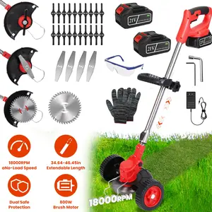 800W Powerful Cordless Lawn Wacker with Detachable Wheels - 2 Rechargeable Batteries , 3 Types of Blades (Plastic/Alloy/Stainless Steel), Adjustable Head & Extendable Handle for Garden Maintenance