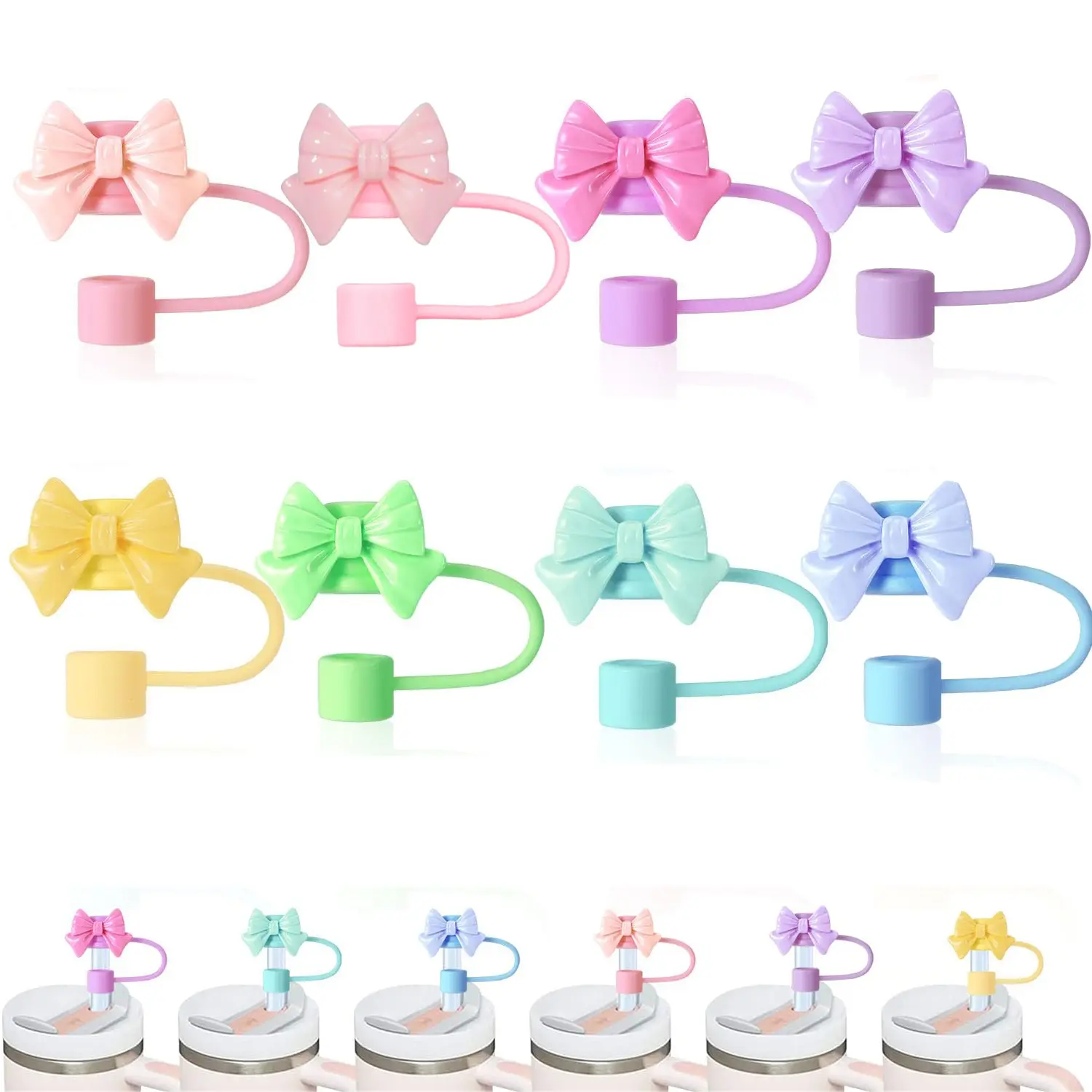 8pcs Cute Bow Design Silicone Straw Cover Cap without Straw, 1 Count Reusable Dustproof Water Bottle Straw Top Cover for 9-10mm Straw, Straw Protector, Reusable Drinkware Covers, Straw Toppers