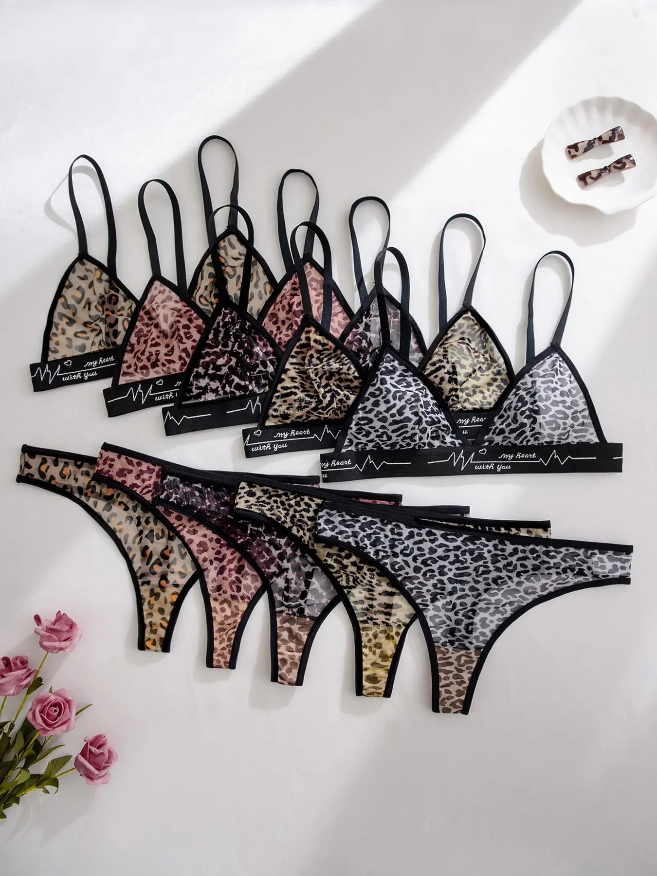 Women's Bra Set & Panty, Breathable Fabric, Lightweight, Sexy Leopard Print, Triangle Cup, Thong Style, Adjustable Strap, 10 Pieces, Underwear Sets, Lingerie