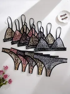 Women's Bra Set & Panty, Breathable Fabric, Sexy Leopard Print, Triangle Cup, Thong Style, Adjustable Strap, 10 Pieces