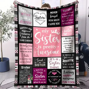 Pink & Black Sister Quote Collage Print Flannel Blanket, Heartwarming Sister Slogan Collage Throw Blanket, Cozy Soft Warm Blanket for Bed & Couch, Sentimental Sister Gift Blanket for Sibling & Family Style Enthusiasts