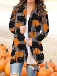 women's halloween cat pumpkin print soft knit cardigan, casual loose-fitting sweater for spring & fall, cute autumn winter fashion