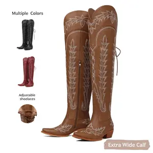 Western Thigh Knee High Cowboy Boots Wide Calf Adjustable Straps Pointed Toe Tall Cowgirl Botas with Zip Retro Embroidered Block Heel