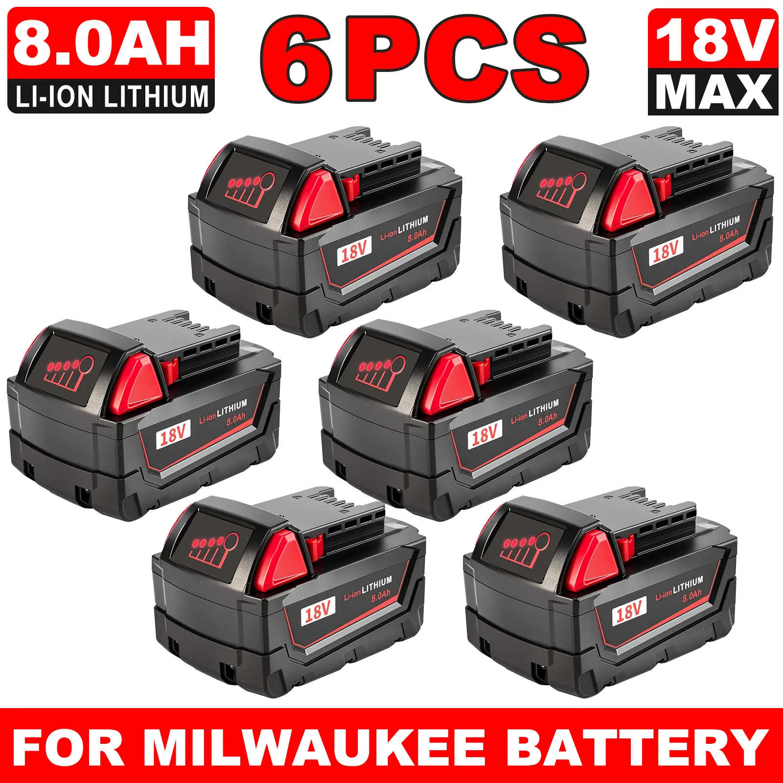 6pack 8000mAh Replacement for Milwaukee M18 Battery 18V Lithium Ion High-Capacity Batteries Compatible with Milwaukee 18V 48-11-1815 48-11-1820 48-11-1840 48-11-1850 48-11-1860 Cordless Power Tools durable construction max long-lasting Replaceable Batteri