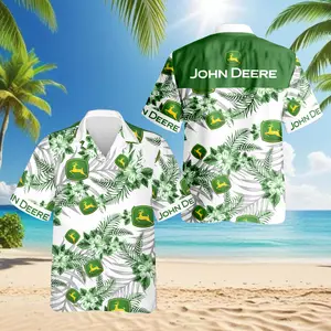 Green Tractor Style Hawaiian Shirt, Tropical Leaf and Floral Print Aloha Shirt, Casual Summer Beach Vacation Button Down Top for Men & Women