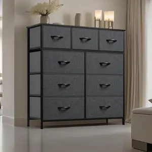 9-Drawer Dresser, Fabric Storage Tower for Bedroom, Hallway, Closet, Tall Chest Organizer Unit for Bedroom with Fabric Bins, Steel Frame, Wood Top, Easy Pull Handle Fabric Storage Tower, Organizer Unit for Bedroom, Living Room, Hallway, Closets - Sturdy S