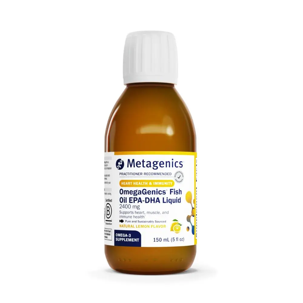 Metagenics OmegaGenics EPA-DHA 2400 mg - High Potency Liquid Fish Oil Supplement for Heart Health & Immune Support - Sustainably Sourced - Lemon Flavor - Non-GMO & Gluten-Free - 30 Servings