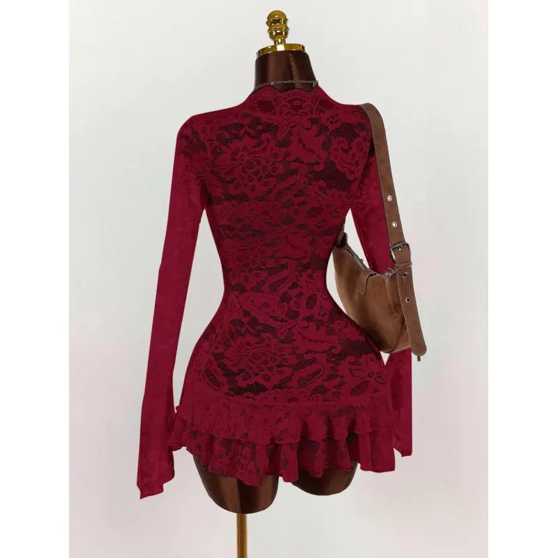 Deep V Neck Burgundy Mini Dress With All Over Lace And Long Flare Sleeves,Party Dress - TikTok Shop Deep V Neck Burgundy Mini Dress With All Over Lace And Long Flare Sleeves,Party Dress - TikTok Shop