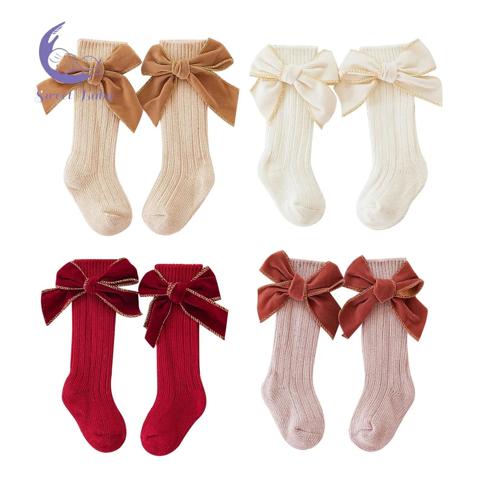 Cute Baby Girl Knee-High Socks, Combed Cotton Long Stockings with Velvet Bows, Smooth Sewn Seams for 0-5 Years Infants Toddlers, Cute Socks