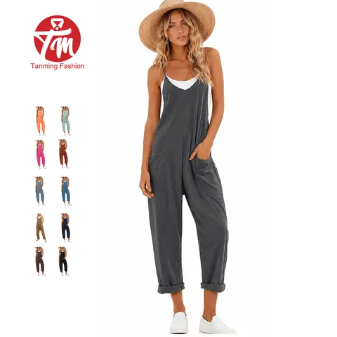 Tanming Womens Casual V-Neck Sleeveless Harem Overalls Stretchy Adjustable Strap Rompers with Pockets Loose Fit Long Jumpsuit for Summer