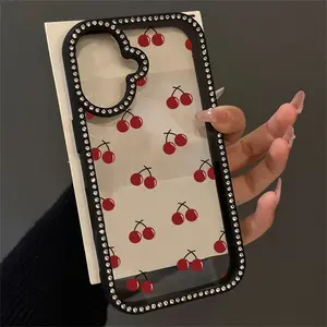 Cute Cherry Bowknot Clear Case for iPhone 16/15/14/13/12/11 Pro Max/Plus | Bling Rhinestone Bumper, Shockproof Back Cover