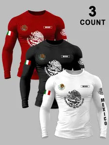 Men's 3-Piece Knit Long Sleeve Fitted T-Shirt Set, Tops, Casual Streetwear Top, Eagle Letter Print Flag Pattern, Breathable Fabric, Elastic Design, Casual Fashion