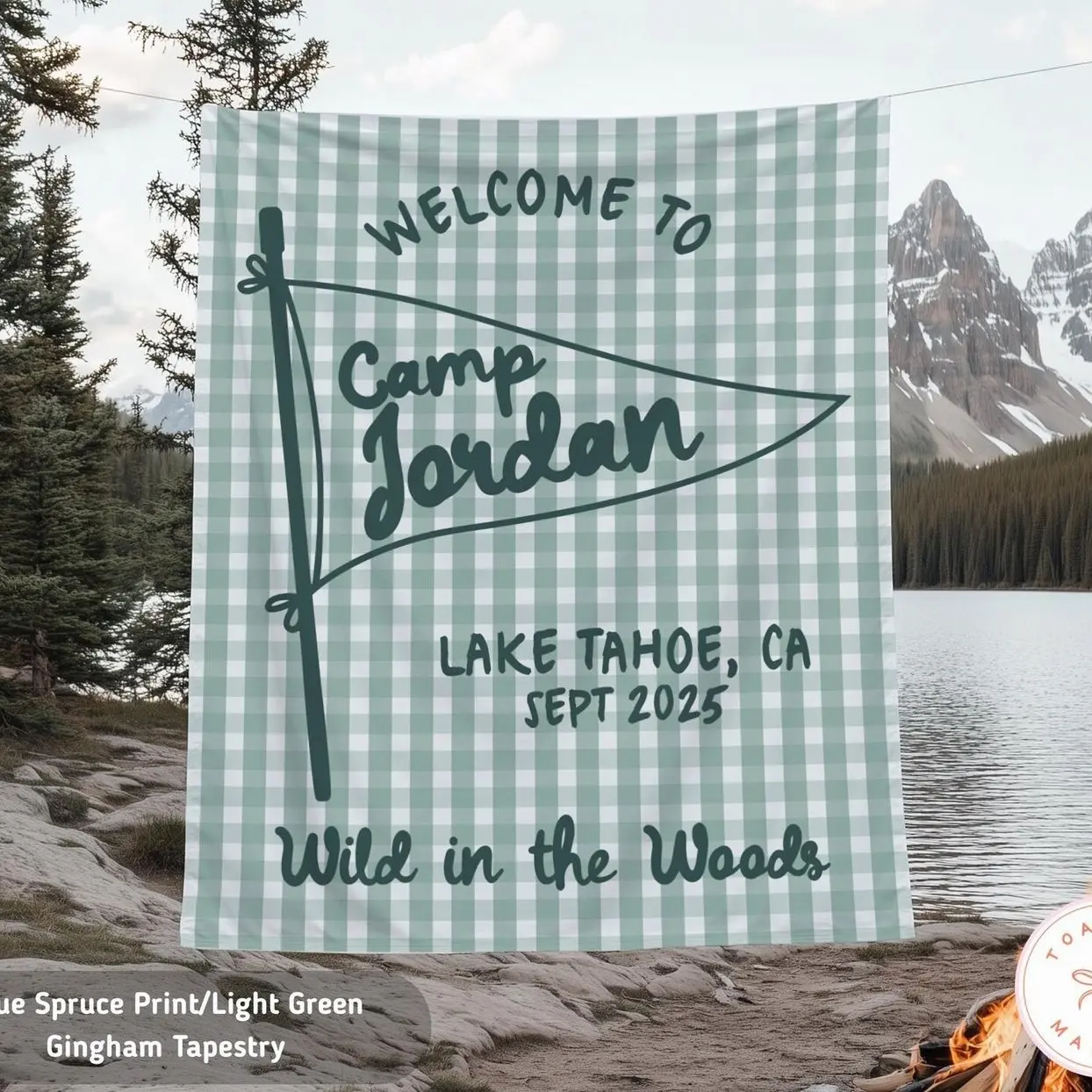 Custom Camp Bachelorette Tapestry, Personalized Family Camping Banner, Girls Weekend Backdrop, Mountain Birthday Party Cabin Welcome Sign