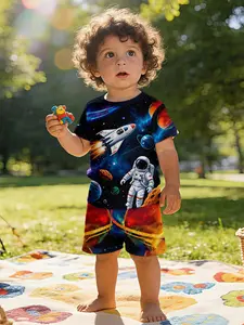 Space aerospace universe adventure digital printed baby short-sleeve clothing sets, casual kids outfits for infants and toddlers, daily and outdoor sports T-shirts made of 100% polyester, perfect gifts for babies and young children!
