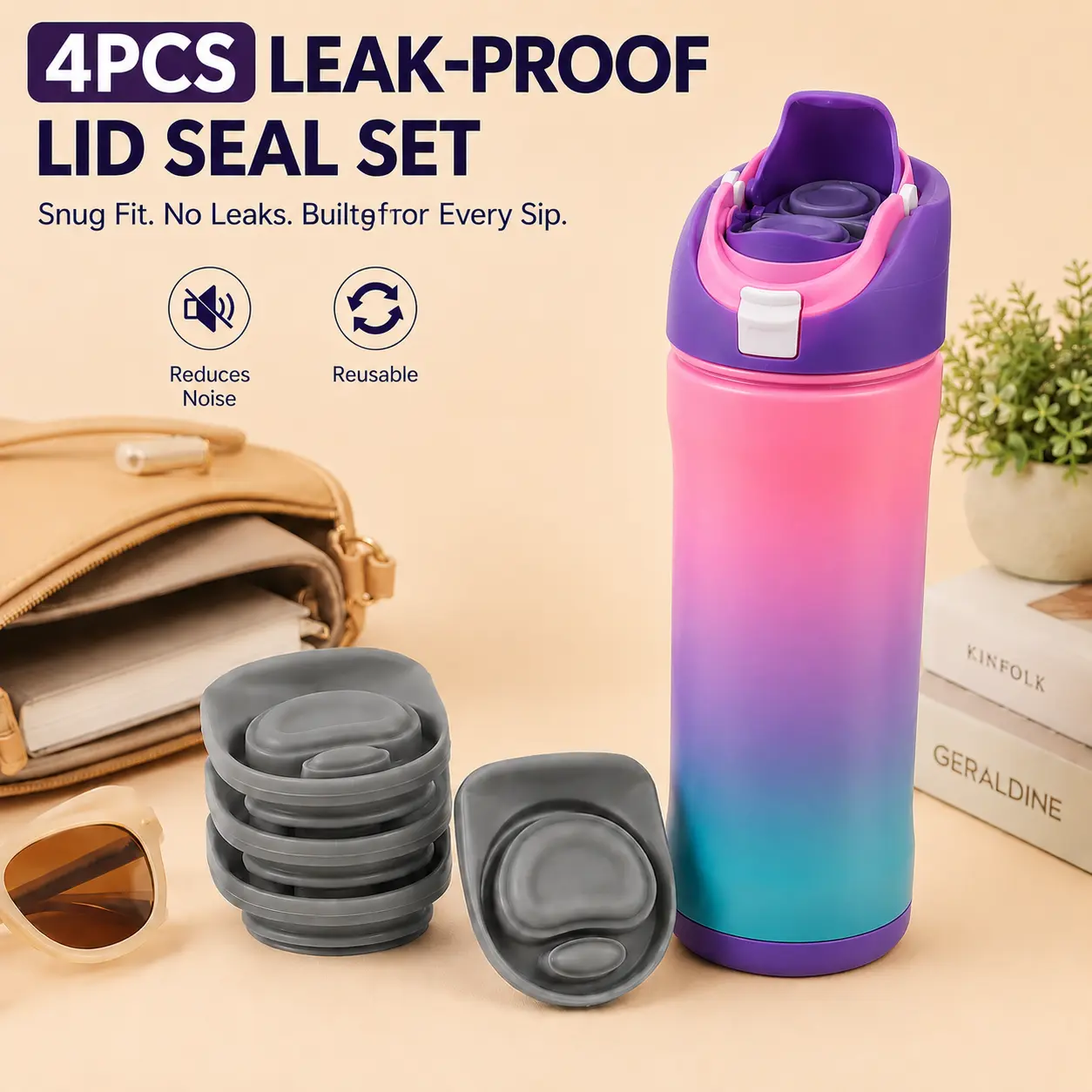 4PCS Reusable Food-Grade Silicone Stopper Replacements - Compatible with FreeSip Water Bottle Straw Lids, Spout Gasket Parts for 19/24/25/32/40 oz Bottles, Dishwasher Safe