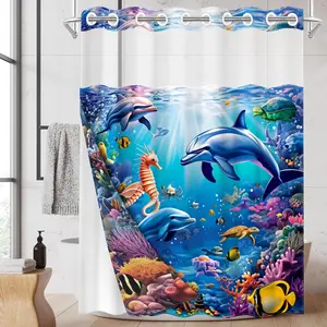 1PC 2D Flat Vibrant Underwater World Dolphin Shower Curtain, Marine Life Coral Reef Design, Kids Bathroom Curtain (No Hooks)