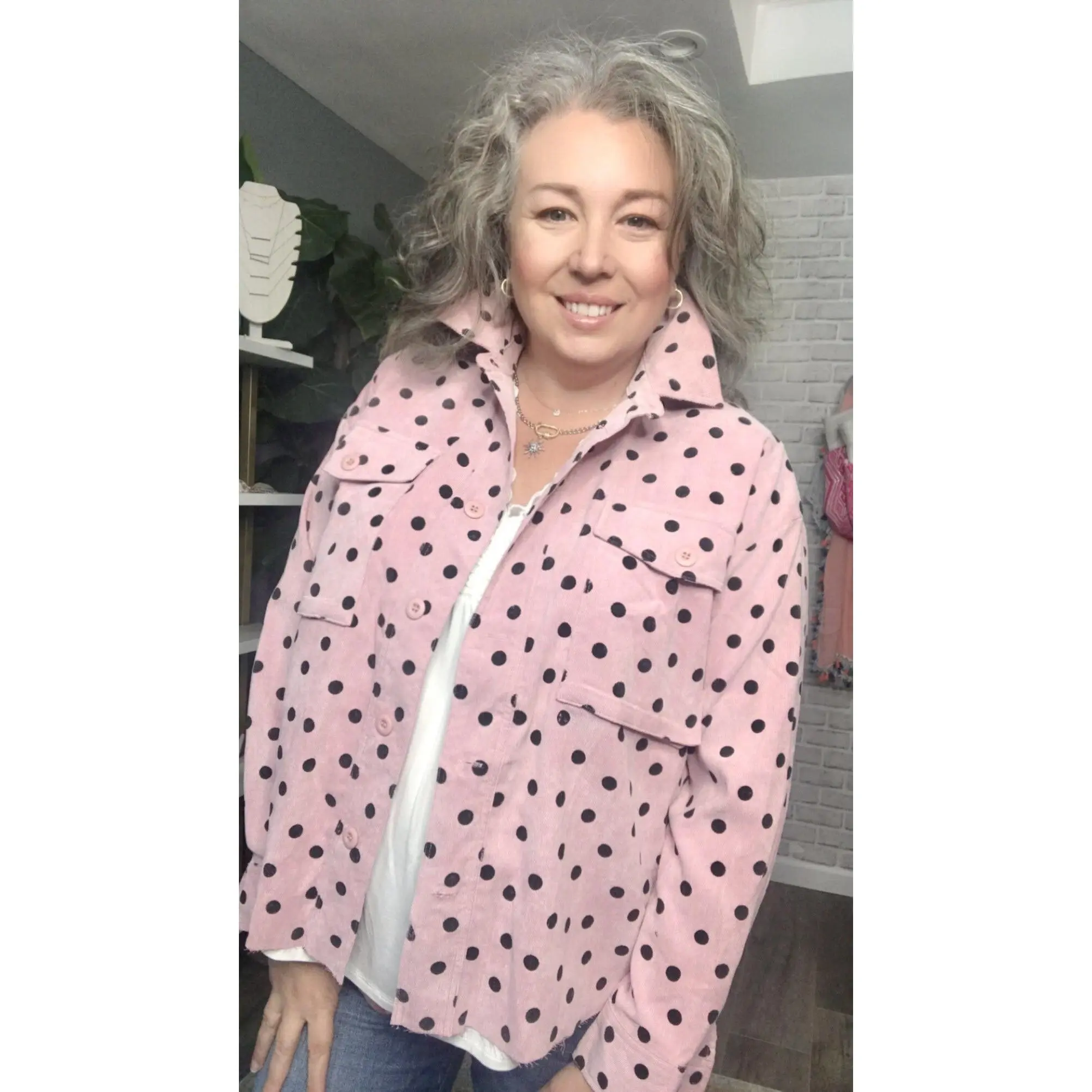 Easel Pink Polka Dot Cord Shacket Jacket