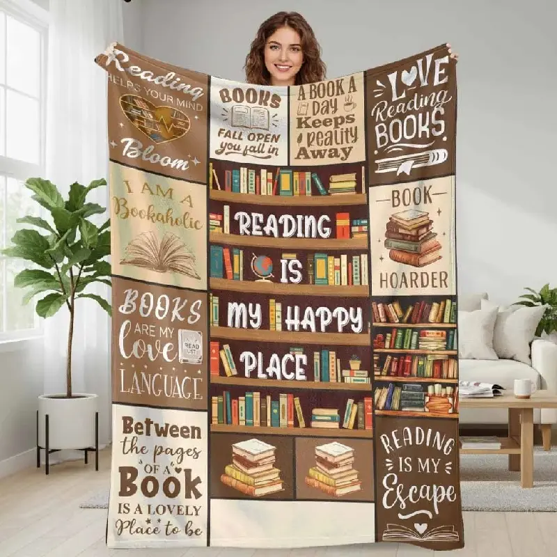 Reading Book Lover Flannel Blanket Bookcase and Quote Print Cozy Soft Warm Lightweight Reversible Decorative Throw Blanket for Bedroom Living Room Office Reading Nook Gift for Readers and Bookworms