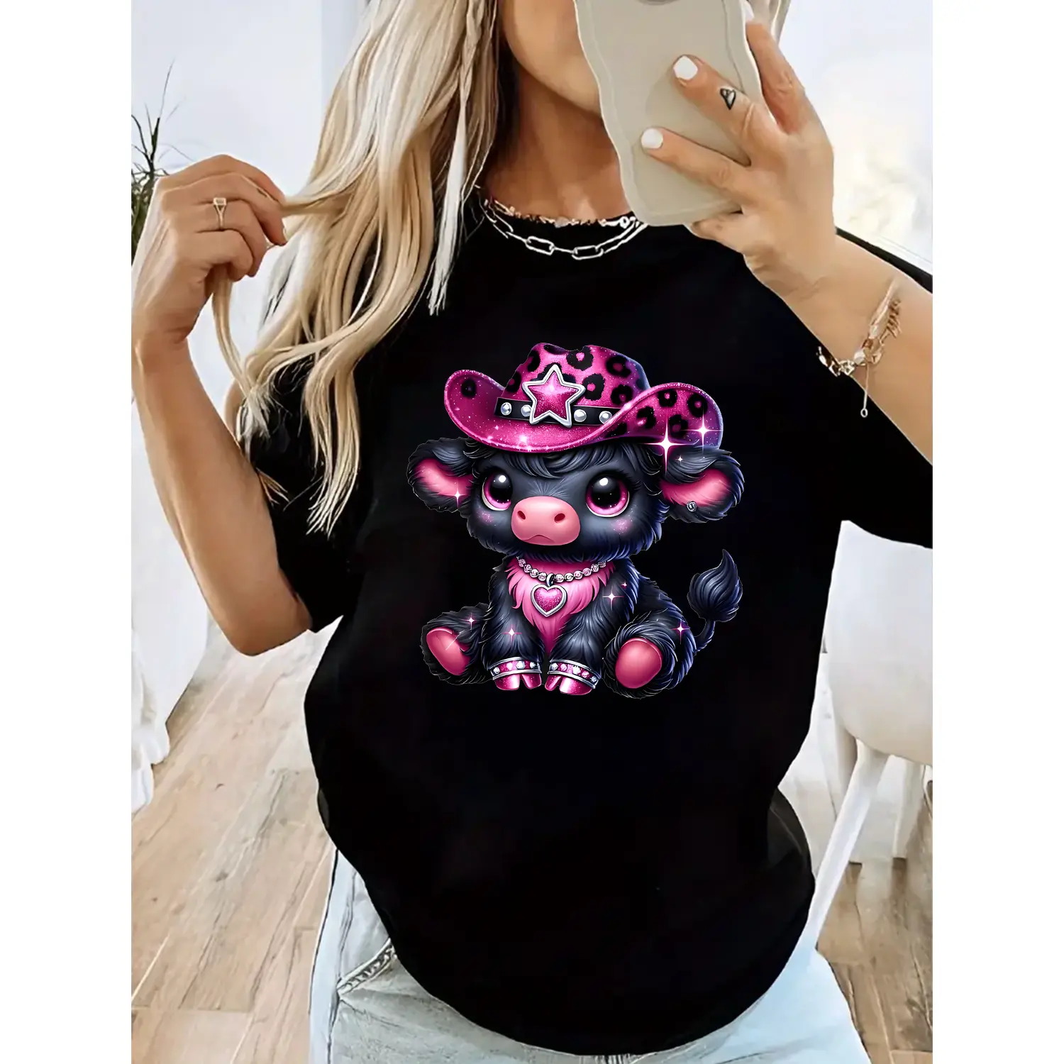 Women's Plus Size Highland Cattle Cotton T-Shirt - Crew Neck, Short Sleeve, Pink Glittery Cow Print Casual Everyday Tops, Stylish Casual Clothing for Women's Tops
