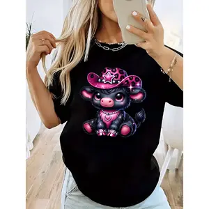 Highland Cattle Cotton T-shirt women plus size casual short sleeve crew neck with pink glittery cow print