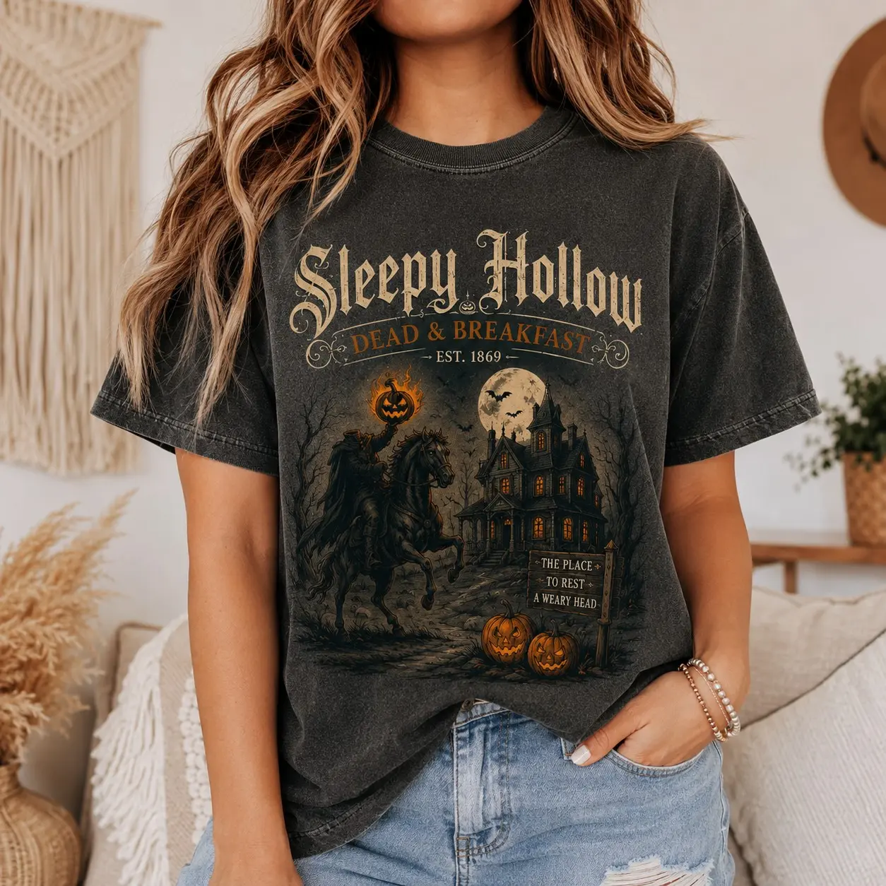 Sleepy Hollow Dead and Breakfast Shirt, Comfort Colors Dark Gothic Halloween Tee, Vintage Headless Horseman Full Moon Top