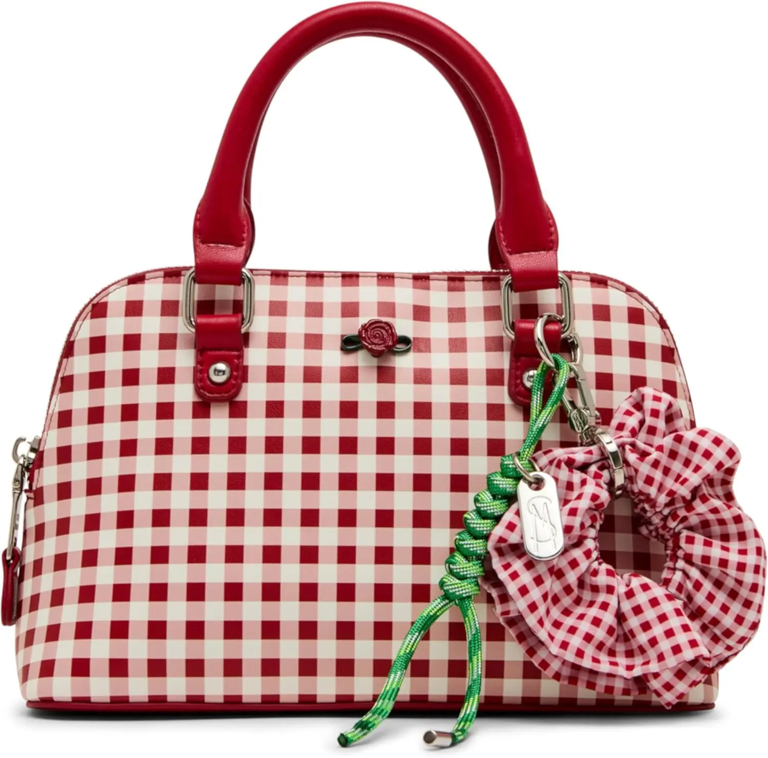 Women’s Red Gingham Satchel Bag, Checkered Dome Handbag with Bow Charm, Top Handle Shoulder Purse