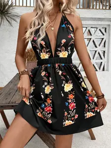 Women's Sleeveless Deep V Neck Floral Print Short Dress, Summer Vacation Style, Boho Style Dresses, Casual Fashion, Boho, Bohemian, Perfect for Parties and Daily Wear, Womenswear