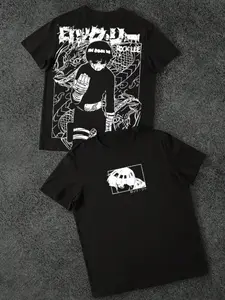 Vintage Loose Fit Graphic Anime T-Shirt, Short Sleeve Streetwear, Front-Back Print, Unisex Casual Top, No Zipper