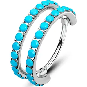 20G Double Nose Rings Hoops, Turquoise Nose Rings for Women Men, Daith Earrings, Tragus Rook Conch Helix Lip  ,316L Surgical Steel Hinged Segment Septum Hoop  6/7/8mm
