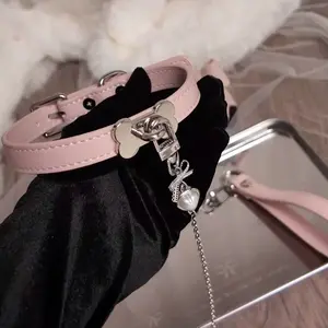 Long Pink Bone Collar Leash Set, Female Sweet Heart Couple Choker, Subculture Fashion Costume Jewelry Necklace Accessory