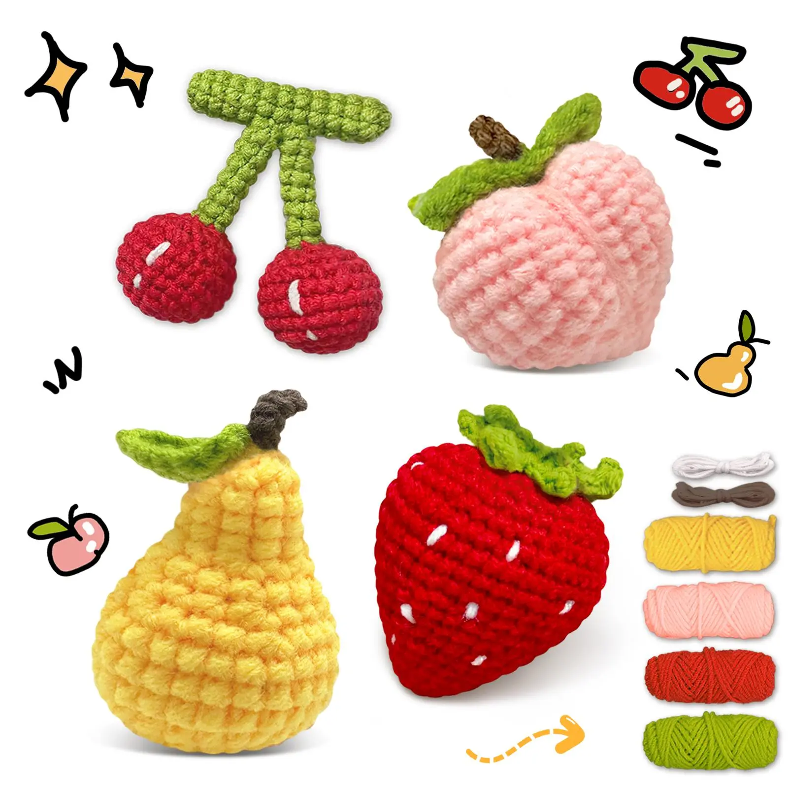 4PCS Delicious Fruit Crochet Set, Cherry, Pear, Peach, Strawberry，Beginner Crochet Set For Gift， Step-by-Step Beginner，Friendly Craft Set for Home and Kitchen Decor， Perfect for House Decoration(Accessories In Random)