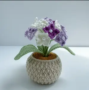 Handmade Crochet Hydrangea Artificial Flower Pot - Realistic Blue & White Flowers with Green Leaves, Textured White Vase for Home Decor, Holiday Gift, Thanksgiving, Christmas, Halloween, Graduation, Flower Vase