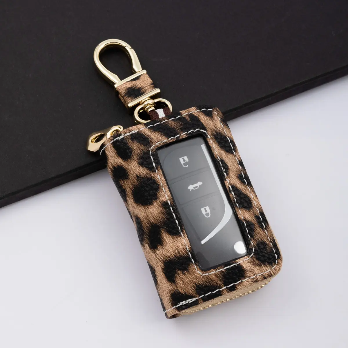 Leopard Print PU Leather Zipper Key Holder Pouch with Window, Portable Keychain Organizer Wallet for Purse, Keys and Small Essentials, Key Holder For Purse