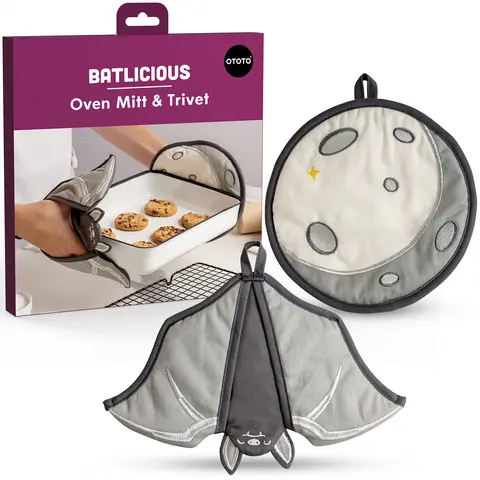 OTOTO Batlicious Oven Mitts and Pot Holders Sets - Heat Resistant Trivets for Hot Dishes, Cooking Goth Kitchen Decor, Cute Accessories, Pot Holders, Spooky Halloween Bat Moon Witchy Gifts