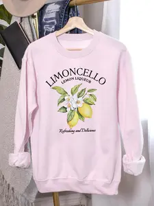 Women's Lemon & Letter Print Crew Neck Thermal Lined Pullover, Casual Round Neck Long Sleeve Sweatshirt for Fall & Winter, Women's Clothes for Daily Wear