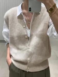 Women's Solid Color Ribbed V Neck Fitted Sweater Vest, Chic Casual Sleeveless Knitwear for Spring & Fall, Fashion Women's Knit Clothing for Daily Wear