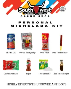 Southwest Artisan Jerky Personal Michelada Kit with Clamato, Beef Jerky, Tamarindo, Skwinkles, Tajin, Limon7, Salsa Negra for Hangover Relief