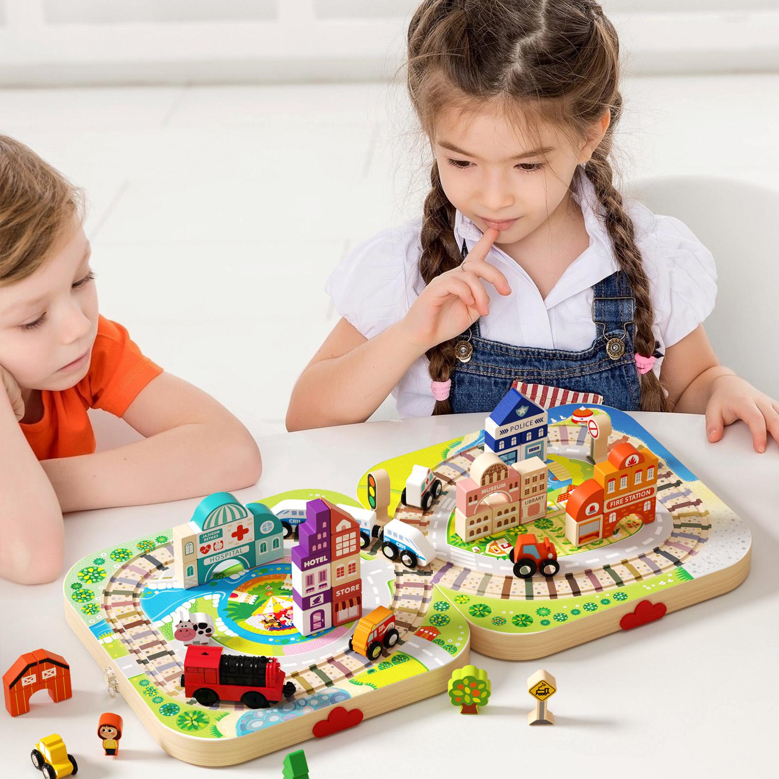 EDUTREE Wooden Track City Blocks Fun Educational Toys for Kids Portable Durable Block Set for Travel Hand-eye Coordination Shape Recognition Halloween Birthday Gifts for Boys Girls