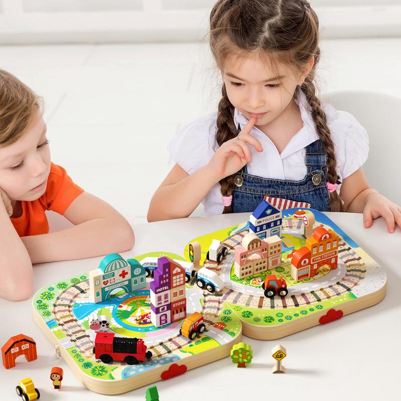 EDUTREE Wooden Track City Blocks Fun Educational Toys for Kids Portable Durable Block Set for Travel Hand-eye Coordination Shape Recognition Halloween Birthday Gifts for Boys Girls